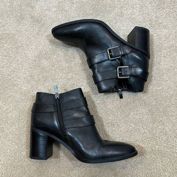 Franco Sarto Black Ankle Chunky Heel Buckle Leather Booties Boots Women Size 6M - Picture 1 of 8